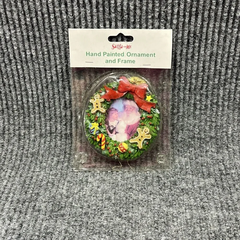 VTG Santa and Me Hand Painted‎ Ornament & Frame Gingerbread Candy Presents 4x3.5
